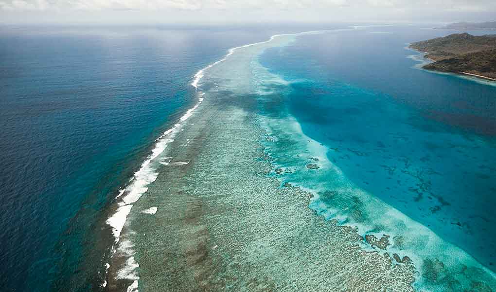 Vistas aéreas arrecife coral en Fiji COMO Laucala Island 